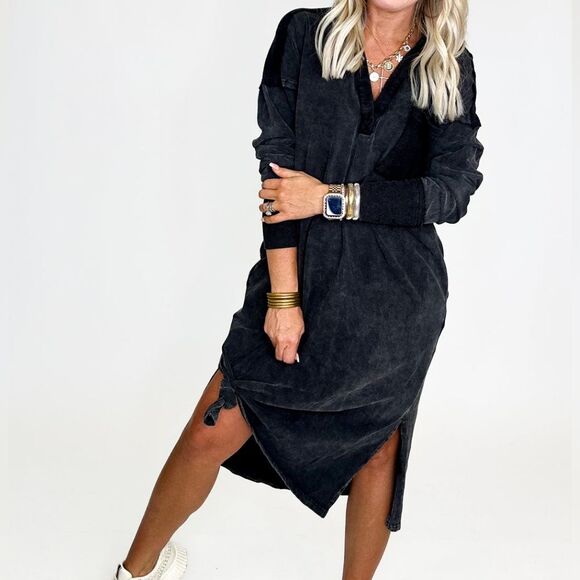 Heyson Black Relaxed Mineral Washed Midi Dress Terry Women's Size 1XL - Picture 1 of 10